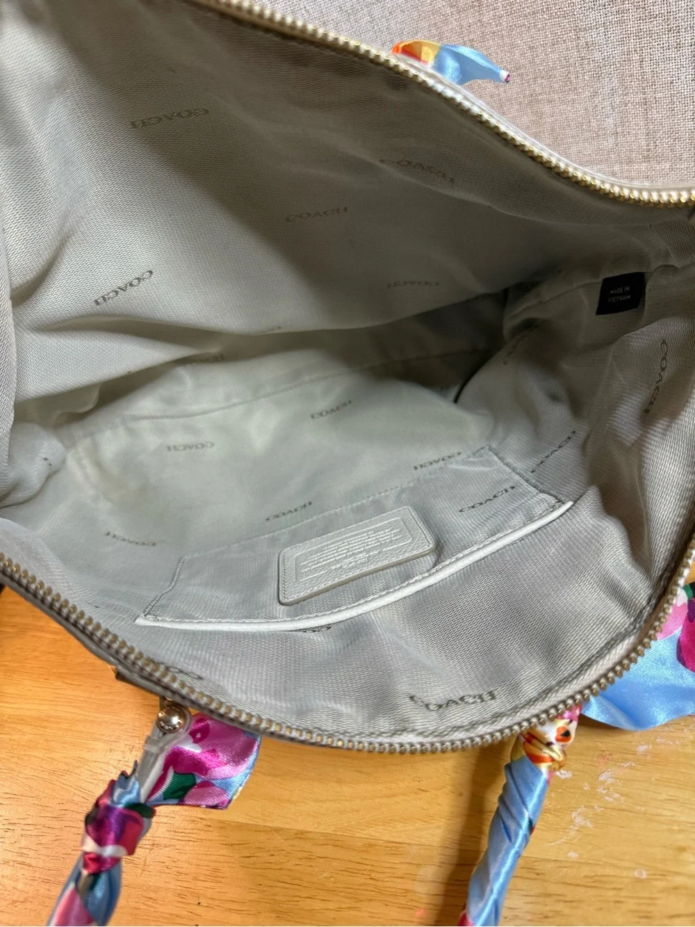 Coach Cream Pebbled Leather Shoulder Tote with Blue Floral Scarf Handles